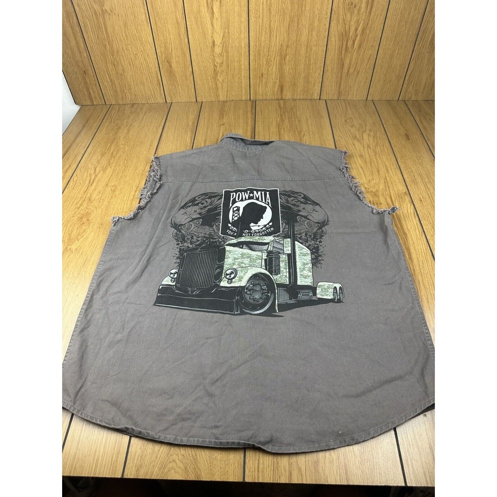 POW MIA Big Rig Truck‎ Mens Shirt L Gray Raw Edges Sleeveless Front Buttons